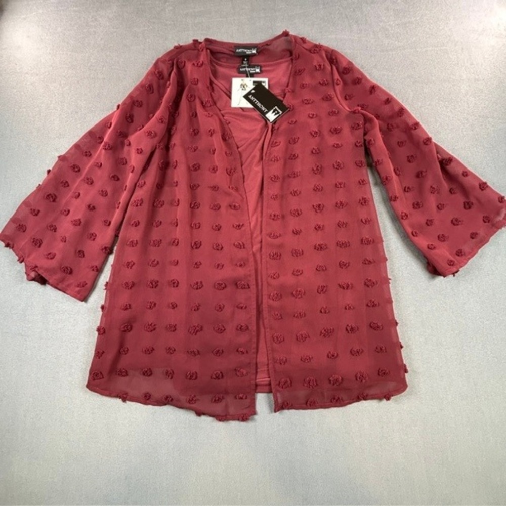 NWT Antthony Original Burgundy Open Front Sheer Kimono with Tank 2Pc Blouse SM